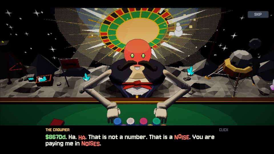 The croupier on the Moon, with the halo he has earned. He is being paid in noises.